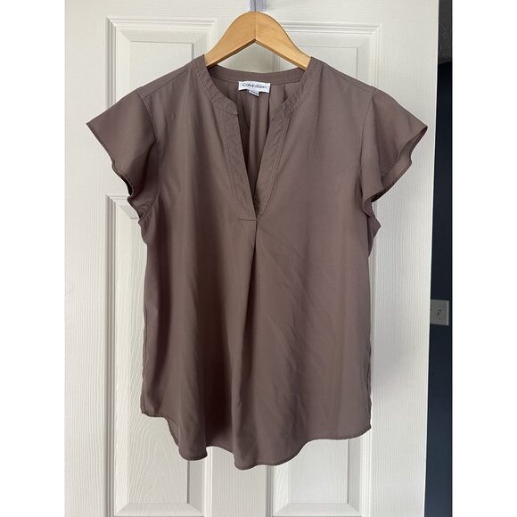 Calvin Klein Brown Flutter Sleeve Blouse Split Neck Stretch Top Women’s Size M - Picture 1 of 4